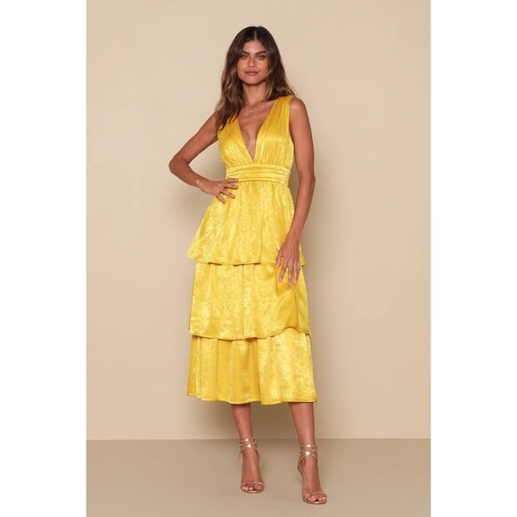Lulus Peak Party Vibe Mustard Yellow Satin Tiered Tie-back Midi Dress - Size L - Picture 2 of 10